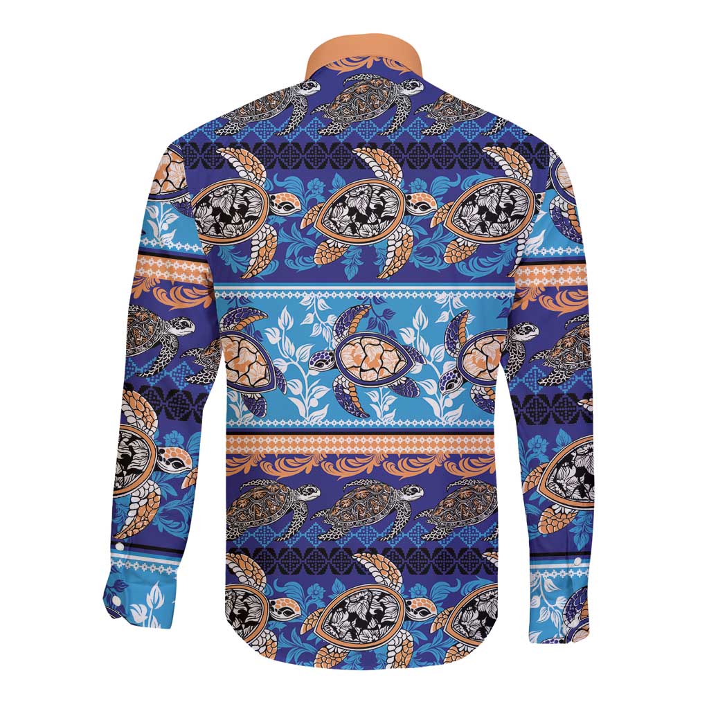 Hawaii Turtles Pattern Special Blue Long Sleeve Button Shirt - Polynesian Pride