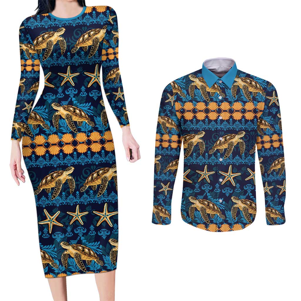 Hawaii Turtles Starfish Unique Pattern Couples Matching Long Sleeve Bodycon Dress and Long Sleeve Button Shirt LT01 Blue - Polynesian Pride