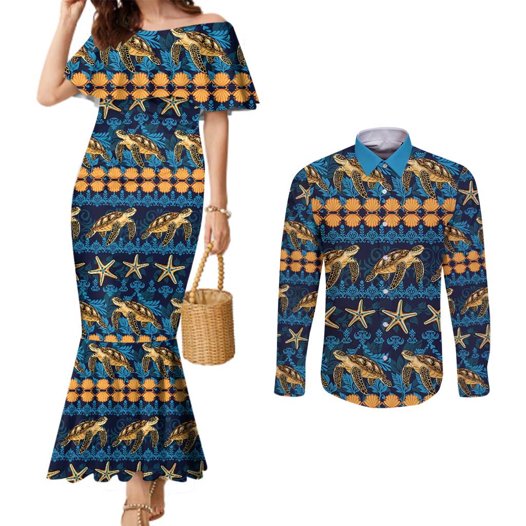 Hawaii Turtles Starfish Unique Pattern Couples Matching Mermaid Dress and Long Sleeve Button Shirt LT01 Blue - Polynesian Pride