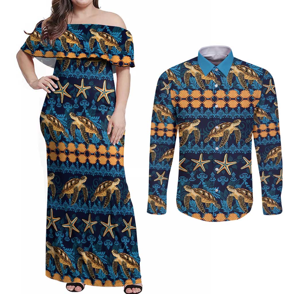 Hawaii Turtles Starfish Unique Pattern Couples Matching Off Shoulder Maxi Dress and Long Sleeve Button Shirt LT01 Blue - Polynesian Pride