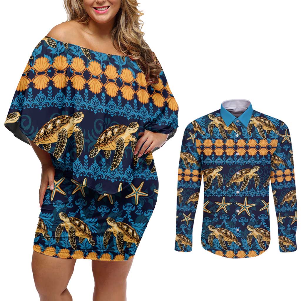 Hawaii Turtles Starfish Unique Pattern Couples Matching Off Shoulder Short Dress and Long Sleeve Button Shirt LT01 Blue - Polynesian Pride