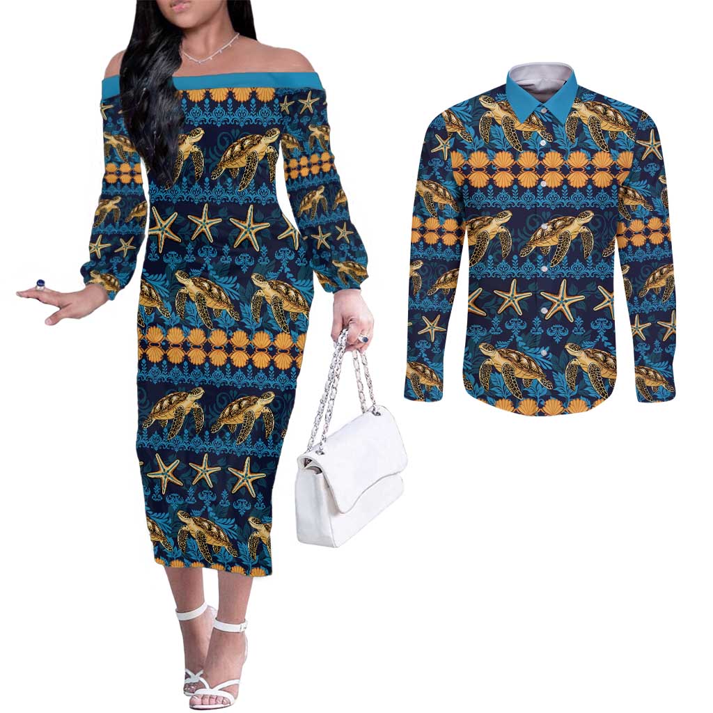 Hawaii Turtles Starfish Unique Pattern Couples Matching Off The Shoulder Long Sleeve Dress and Long Sleeve Button Shirt LT01 Blue - Polynesian Pride