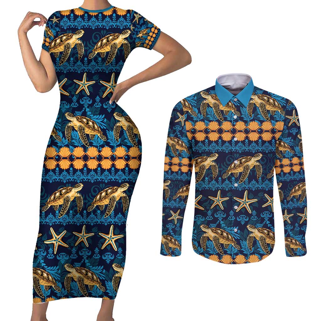 Hawaii Turtles Starfish Unique Pattern Couples Matching Short Sleeve Bodycon Dress and Long Sleeve Button Shirt LT01 Blue - Polynesian Pride