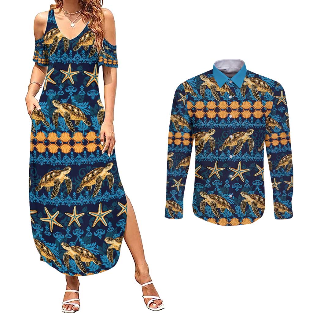 Hawaii Turtles Starfish Unique Pattern Couples Matching Summer Maxi Dress and Long Sleeve Button Shirt LT01 Blue - Polynesian Pride