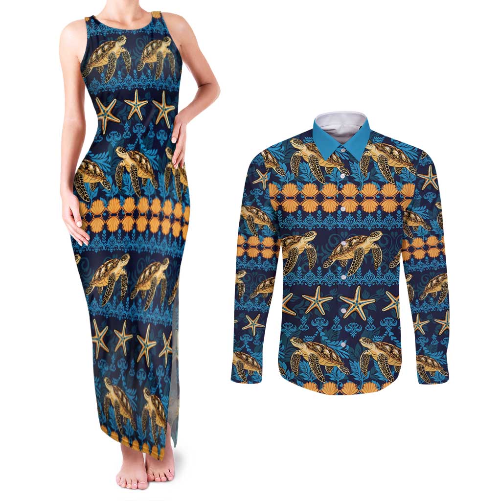 Hawaii Turtles Starfish Unique Pattern Couples Matching Tank Maxi Dress and Long Sleeve Button Shirt LT01 Blue - Polynesian Pride