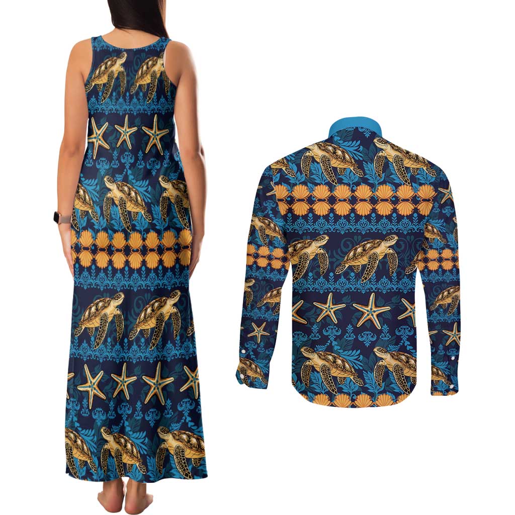 Hawaii Turtles Starfish Unique Pattern Couples Matching Tank Maxi Dress and Long Sleeve Button Shirt LT01 - Polynesian Pride