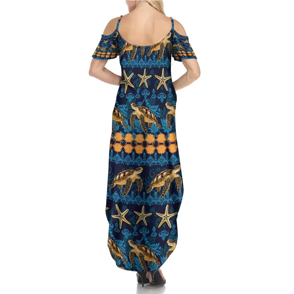 Hawaii Turtles Starfish Unique Pattern Family Matching Summer Maxi Dress and Hawaiian Shirt - Polynesian Pride