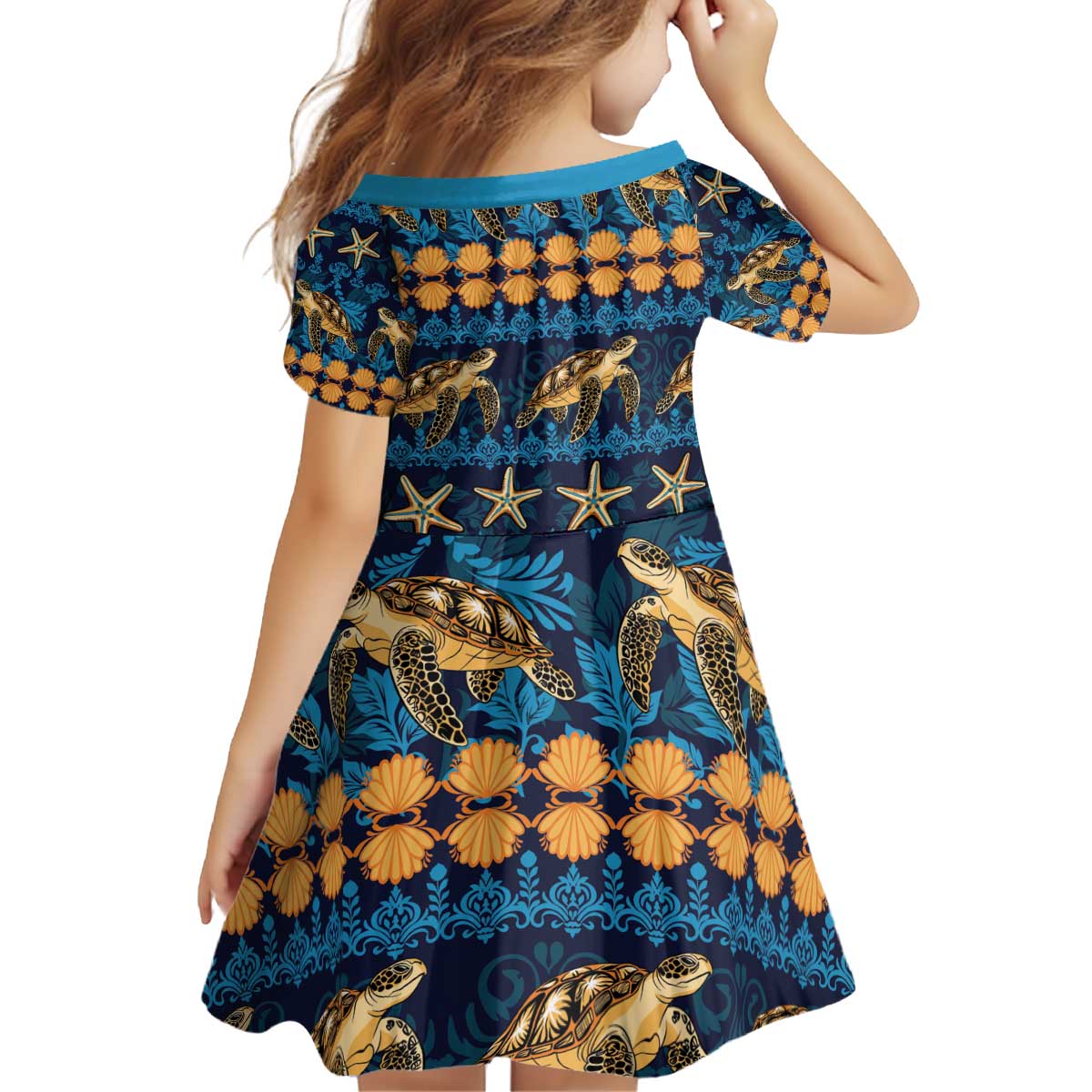 Hawaii Turtles Starfish Unique Pattern Kid Short Sleeve Dress - Polynesian Pride