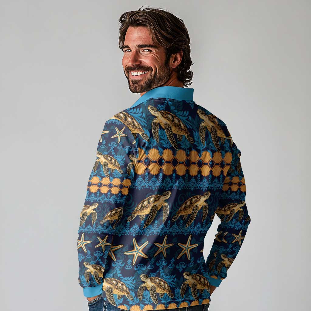 Hawaii Turtles Starfish Unique Pattern Long Sleeve Polo Shirt - Polynesian Pride