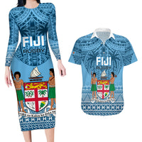 Fiji Rugby Couples Matching Long Sleeve Bodycon Dress and Hawaiian Shirt Fijian Go 2023 World Cup LT01 Blue - Polynesian Pride