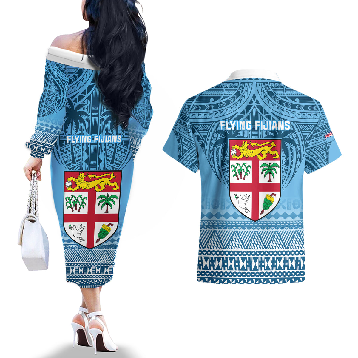 Fiji Rugby Couples Matching Off The Shoulder Long Sleeve Dress and Hawaiian Shirt Fijian Go 2023 World Cup LT01 - Polynesian Pride
