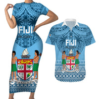 Fiji Rugby Couples Matching Short Sleeve Bodycon Dress and Hawaiian Shirt Fijian Go 2023 World Cup LT01 Blue - Polynesian Pride