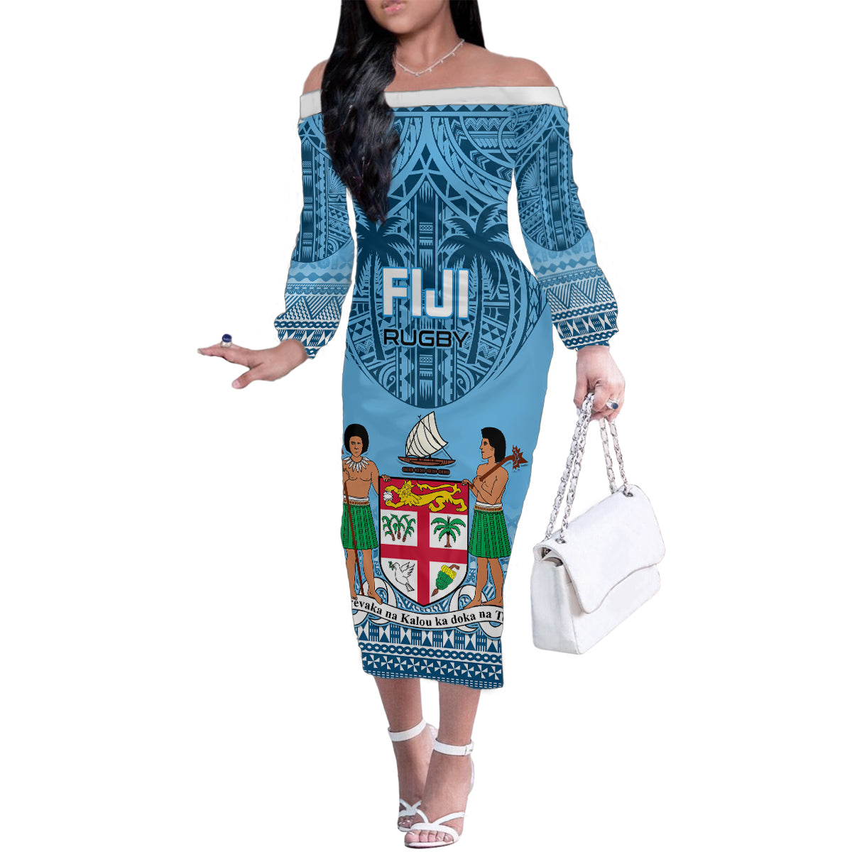Fiji Rugby Family Matching Off Shoulder Long Sleeve Dress and Hawaiian Shirt Fijian Go 2023 World Cup LT01 Mom's Dress Blue - Polynesian Pride