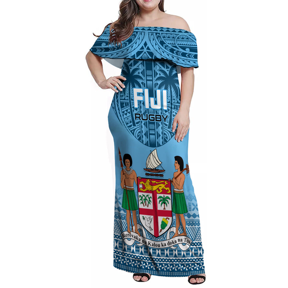 Fiji Rugby Family Matching Off Shoulder Maxi Dress and Hawaiian Shirt Fijian Go 2023 World Cup LT01 Mom's Dress Blue - Polynesian Pride