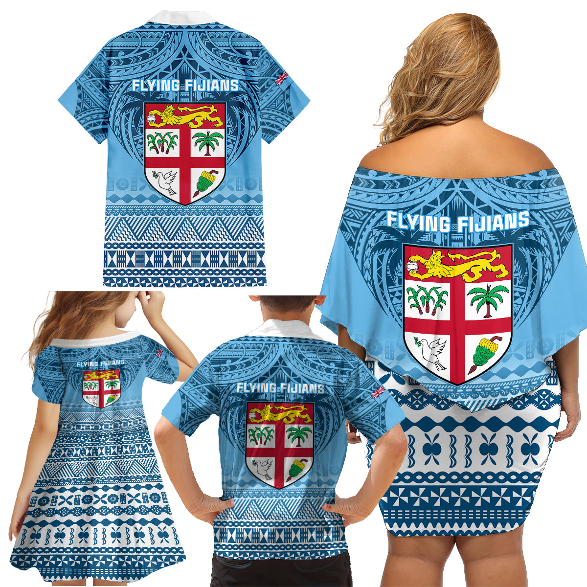 Fiji Rugby Family Matching Off Shoulder Short Dress and Hawaiian Shirt Fijian Go 2023 World Cup LT01 - Polynesian Pride