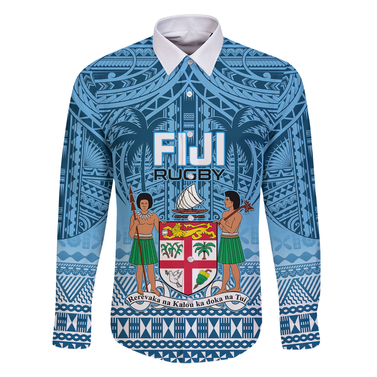 Fiji Rugby Family Matching Off Shoulder Short Dress and Hawaiian Shirt Fijian Go 2023 World Cup LT01 Dad's Shirt - Long Sleeve Blue - Polynesian Pride
