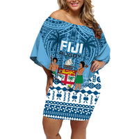 Fiji Rugby Family Matching Off Shoulder Short Dress and Hawaiian Shirt Fijian Go 2023 World Cup LT01 Mom's Dress Blue - Polynesian Pride
