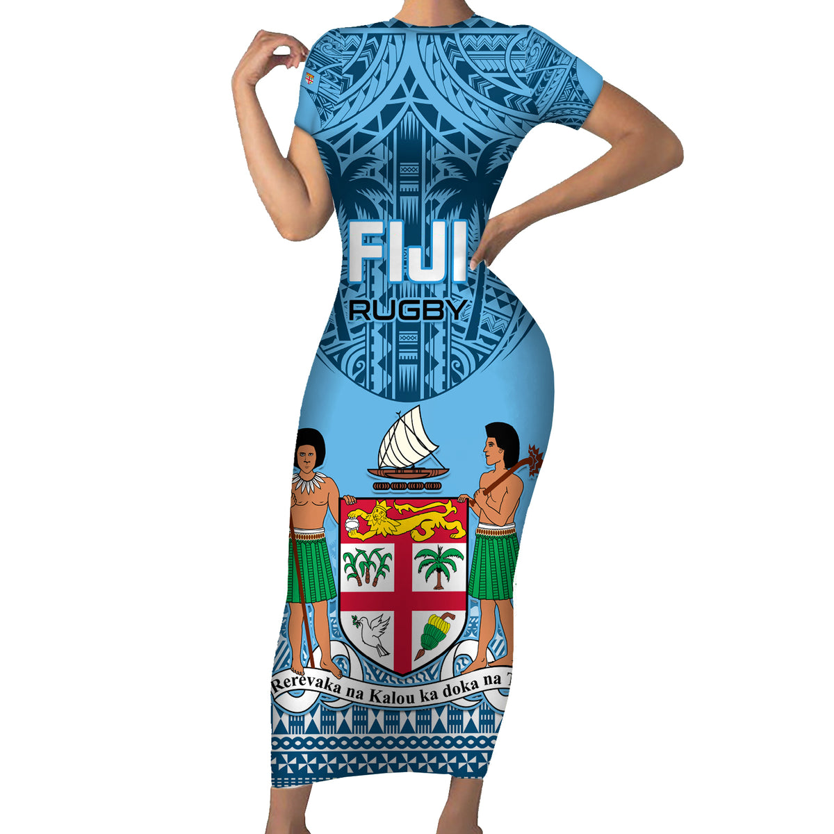 Fiji Rugby Family Matching Short Sleeve Bodycon Dress and Hawaiian Shirt Fijian Go 2023 World Cup LT01 Mom's Dress Blue - Polynesian Pride
