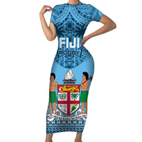 Fiji Rugby Family Matching Short Sleeve Bodycon Dress and Hawaiian Shirt Fijian Go 2023 World Cup LT01 Mom's Dress Blue - Polynesian Pride
