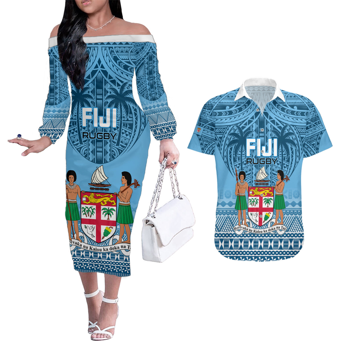 Custom Fiji Rugby Couples Matching Off The Shoulder Long Sleeve Dress and Hawaiian Shirt Fijian Go 2023 World Cup LT01 Blue - Polynesian Pride