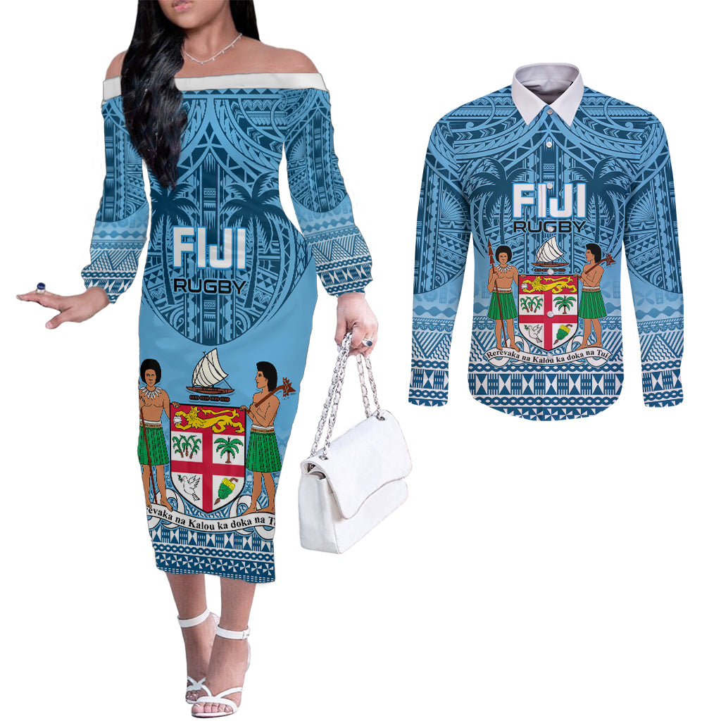 Custom Fiji Rugby Couples Matching Off The Shoulder Long Sleeve Dress and Long Sleeve Button Shirts Fijian Go 2023 World Cup LT01 Blue - Polynesian Pride