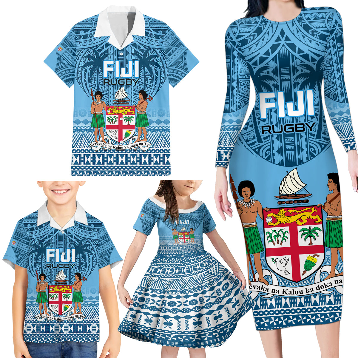 Custom Fiji Rugby Family Matching Long Sleeve Bodycon Dress and Hawaiian Shirt Fijian Go 2023 World Cup LT01 - Polynesian Pride