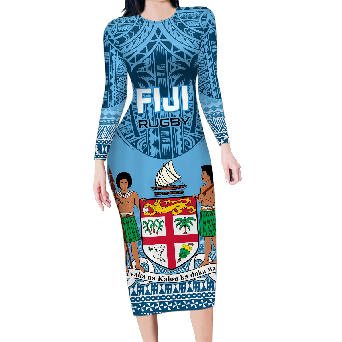 Custom Fiji Rugby Family Matching Long Sleeve Bodycon Dress and Hawaiian Shirt Fijian Go 2023 World Cup LT01 Mom's Dress Blue - Polynesian Pride