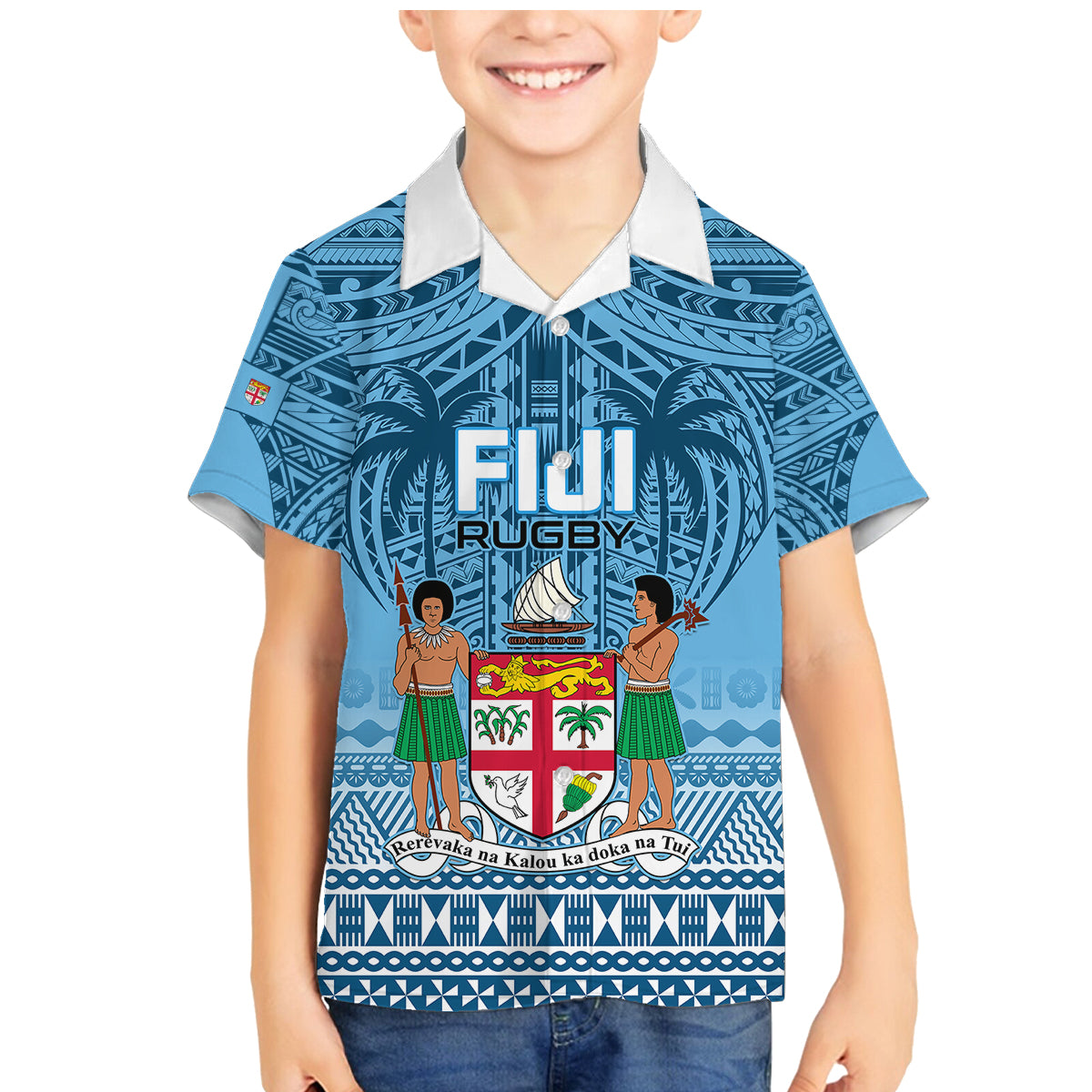 Custom Fiji Rugby Family Matching Mermaid Dress and Hawaiian Shirt Fijian Go 2023 World Cup LT01 Son's Shirt Blue - Polynesian Pride