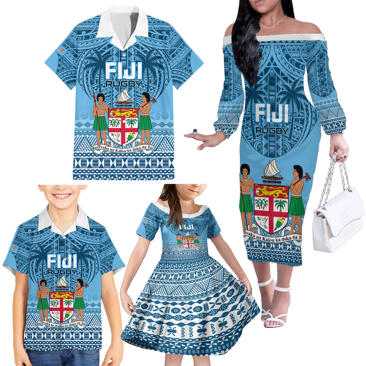 Custom Fiji Rugby Family Matching Off Shoulder Long Sleeve Dress and Hawaiian Shirt Fijian Go 2023 World Cup LT01 - Polynesian Pride