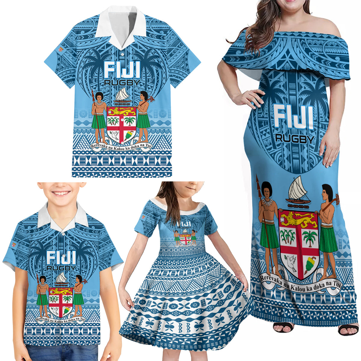 Custom Fiji Rugby Family Matching Off Shoulder Maxi Dress and Hawaiian Shirt Fijian Go 2023 World Cup LT01 - Polynesian Pride