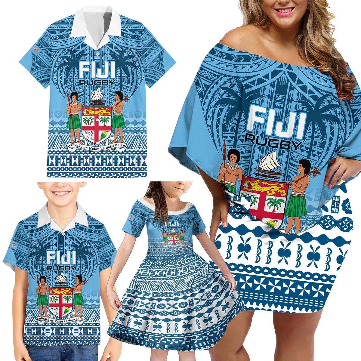 Custom Fiji Rugby Family Matching Off Shoulder Short Dress and Hawaiian Shirt Fijian Go 2023 World Cup LT01 - Polynesian Pride