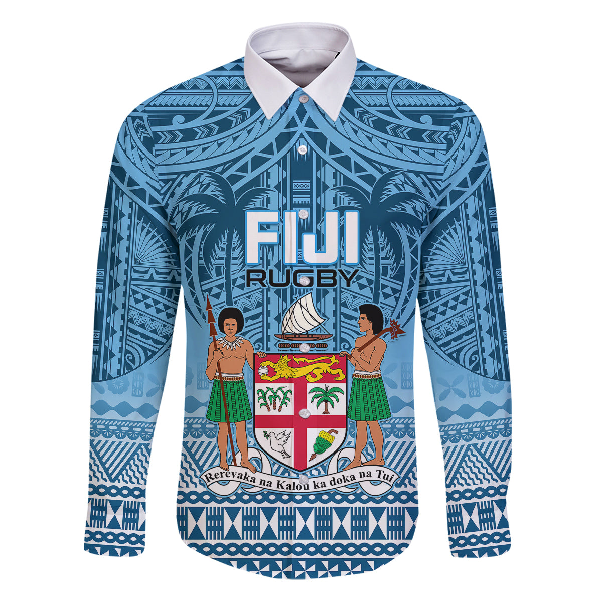 Custom Fiji Rugby Family Matching Puletasi Dress and Hawaiian Shirt Fijian Go 2023 World Cup LT01 Dad's Shirt - Long Sleeve Blue - Polynesian Pride