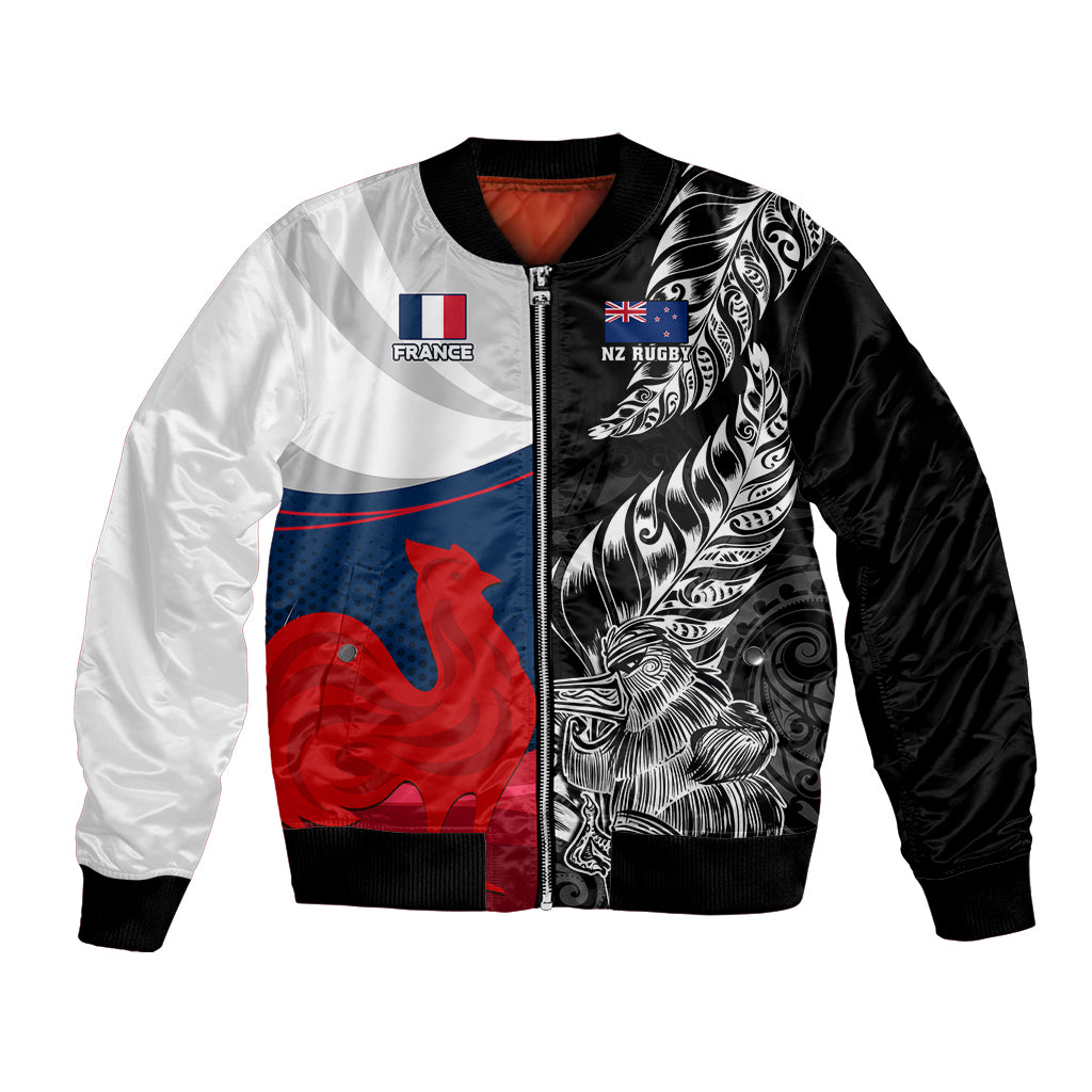 Custom New Zealand And France Rugby Bomber Jacket XV de France Kiwi Silver Fern 2023 World Cup LT01 Unisex Black - Polynesian Pride