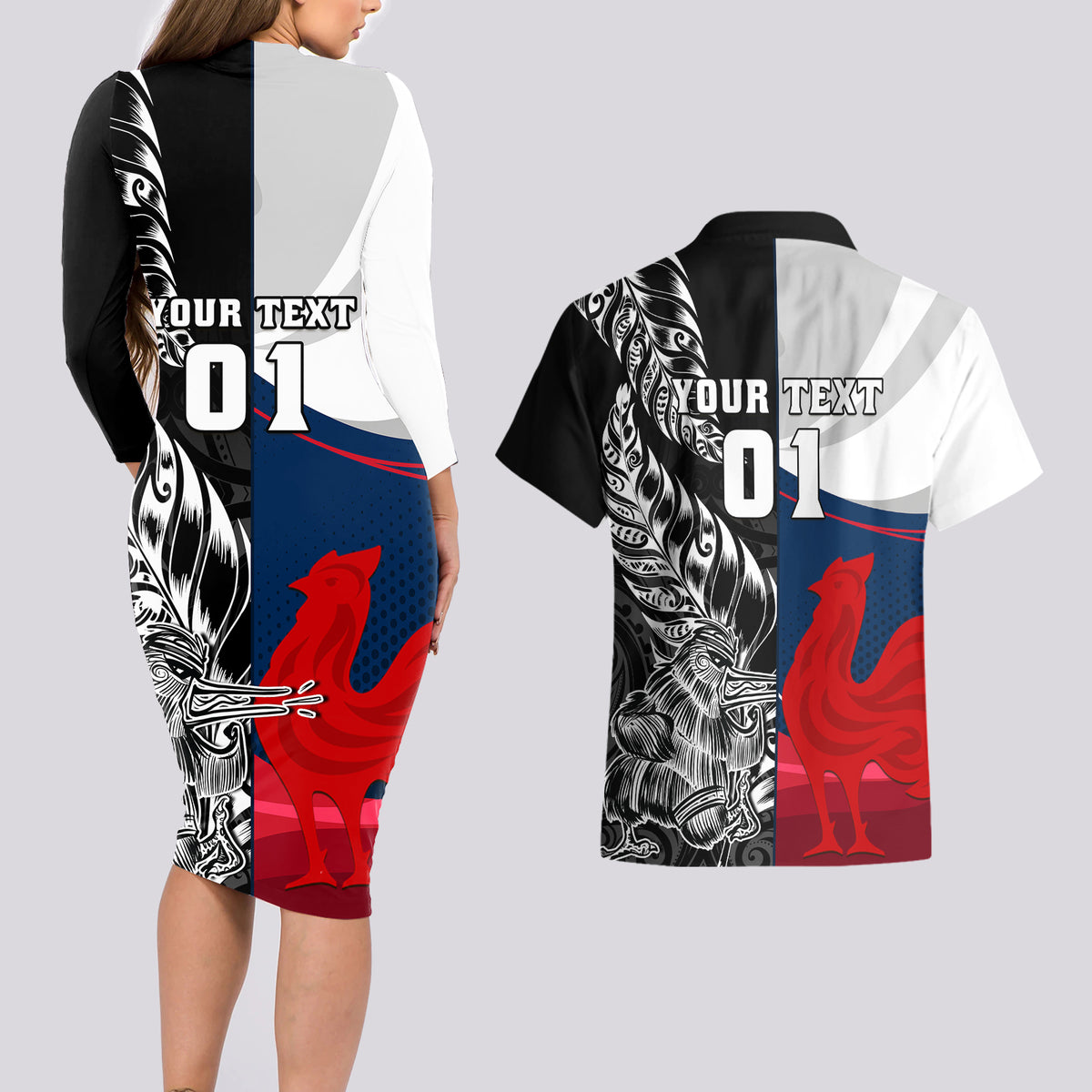 Custom New Zealand And France Rugby Couples Matching Long Sleeve Bodycon Dress and Hawaiian Shirt XV de France Kiwi Silver Fern 2023 World Cup LT01 - Polynesian Pride