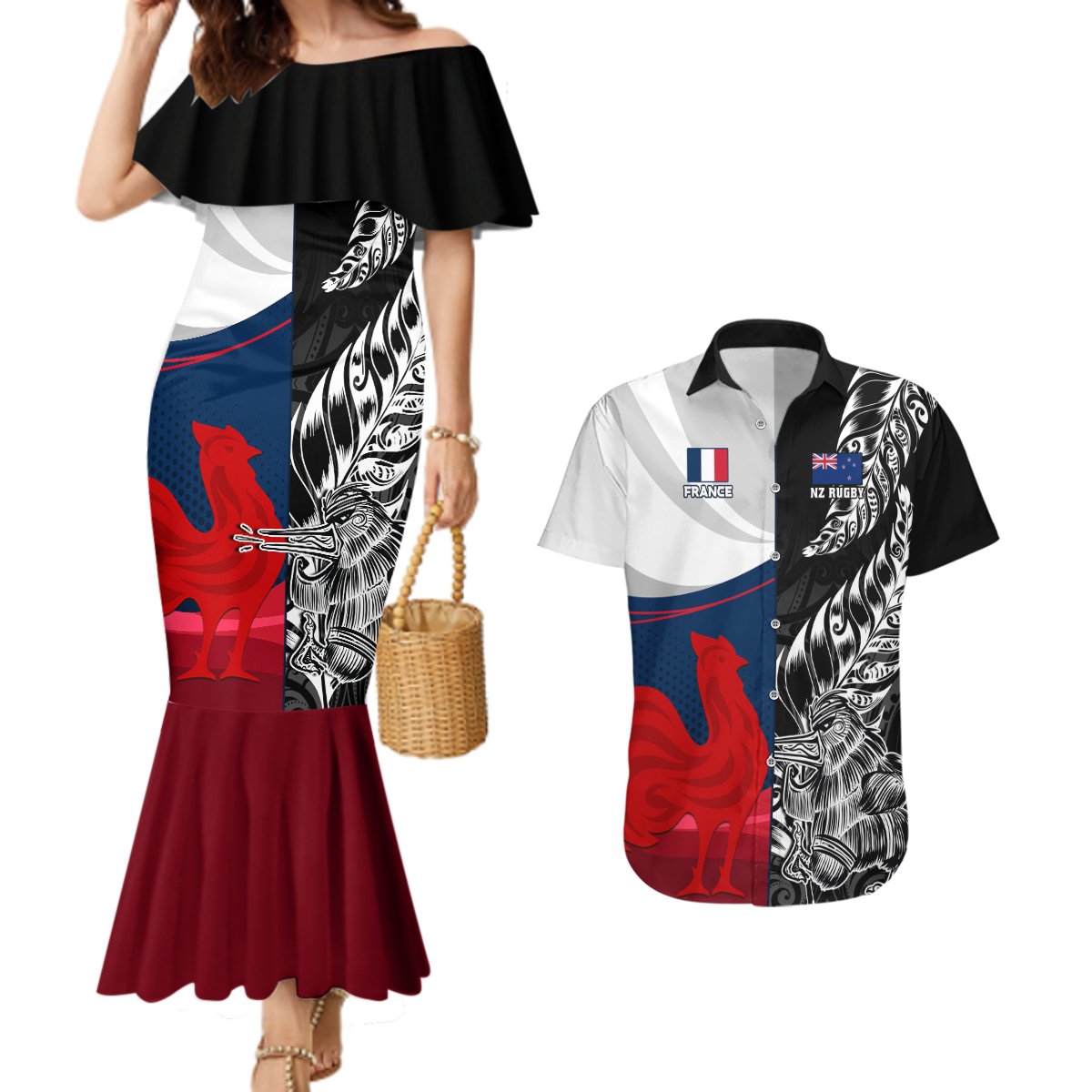 Custom New Zealand And France Rugby Couples Matching Mermaid Dress and Hawaiian Shirt XV de France Kiwi Silver Fern 2023 World Cup LT01 Black - Polynesian Pride