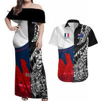 Custom New Zealand And France Rugby Couples Matching Off Shoulder Maxi Dress and Hawaiian Shirt XV de France Kiwi Silver Fern 2023 World Cup LT01 Black - Polynesian Pride