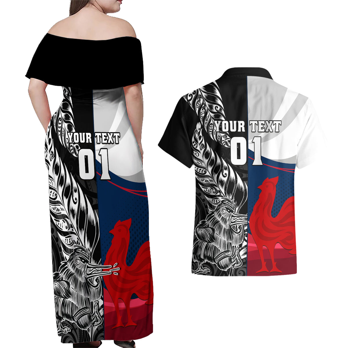 Custom New Zealand And France Rugby Couples Matching Off Shoulder Maxi Dress and Hawaiian Shirt XV de France Kiwi Silver Fern 2023 World Cup LT01 - Polynesian Pride