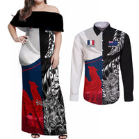 Custom New Zealand And France Rugby Couples Matching Off Shoulder Maxi Dress and Long Sleeve Button Shirts XV de France Kiwi Silver Fern 2023 World Cup LT01 Black - Polynesian Pride