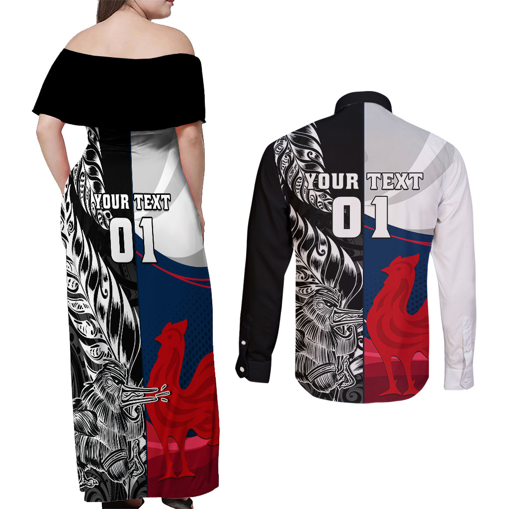 Custom New Zealand And France Rugby Couples Matching Off Shoulder Maxi Dress and Long Sleeve Button Shirts XV de France Kiwi Silver Fern 2023 World Cup LT01 - Polynesian Pride