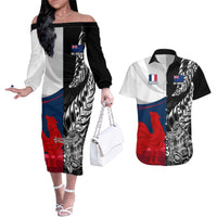 Custom New Zealand And France Rugby Couples Matching Off The Shoulder Long Sleeve Dress and Hawaiian Shirt XV de France Kiwi Silver Fern 2023 World Cup LT01 Black - Polynesian Pride