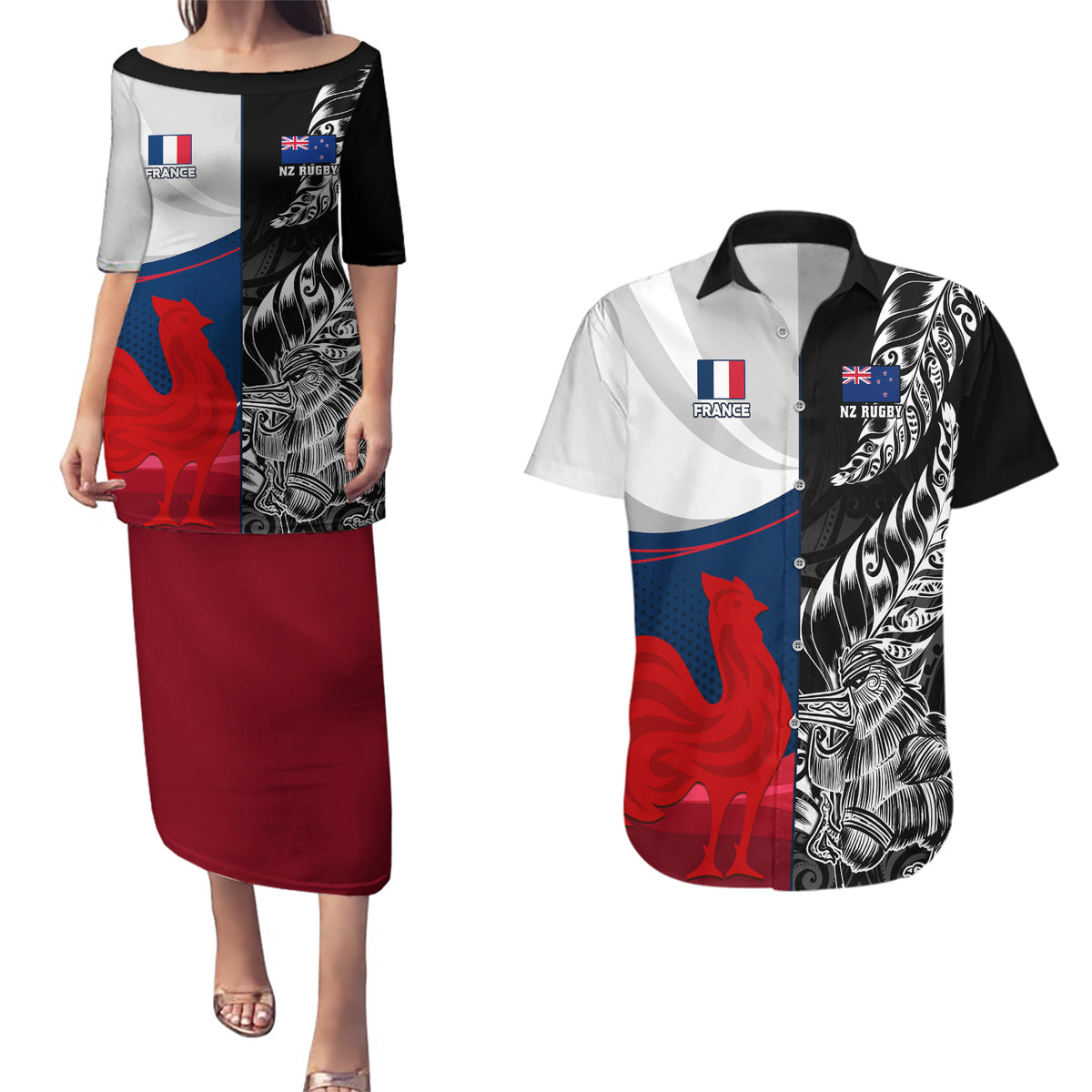Custom New Zealand And France Rugby Couples Matching Puletasi Dress and Hawaiian Shirt XV de France Kiwi Silver Fern 2023 World Cup LT01 Black - Polynesian Pride