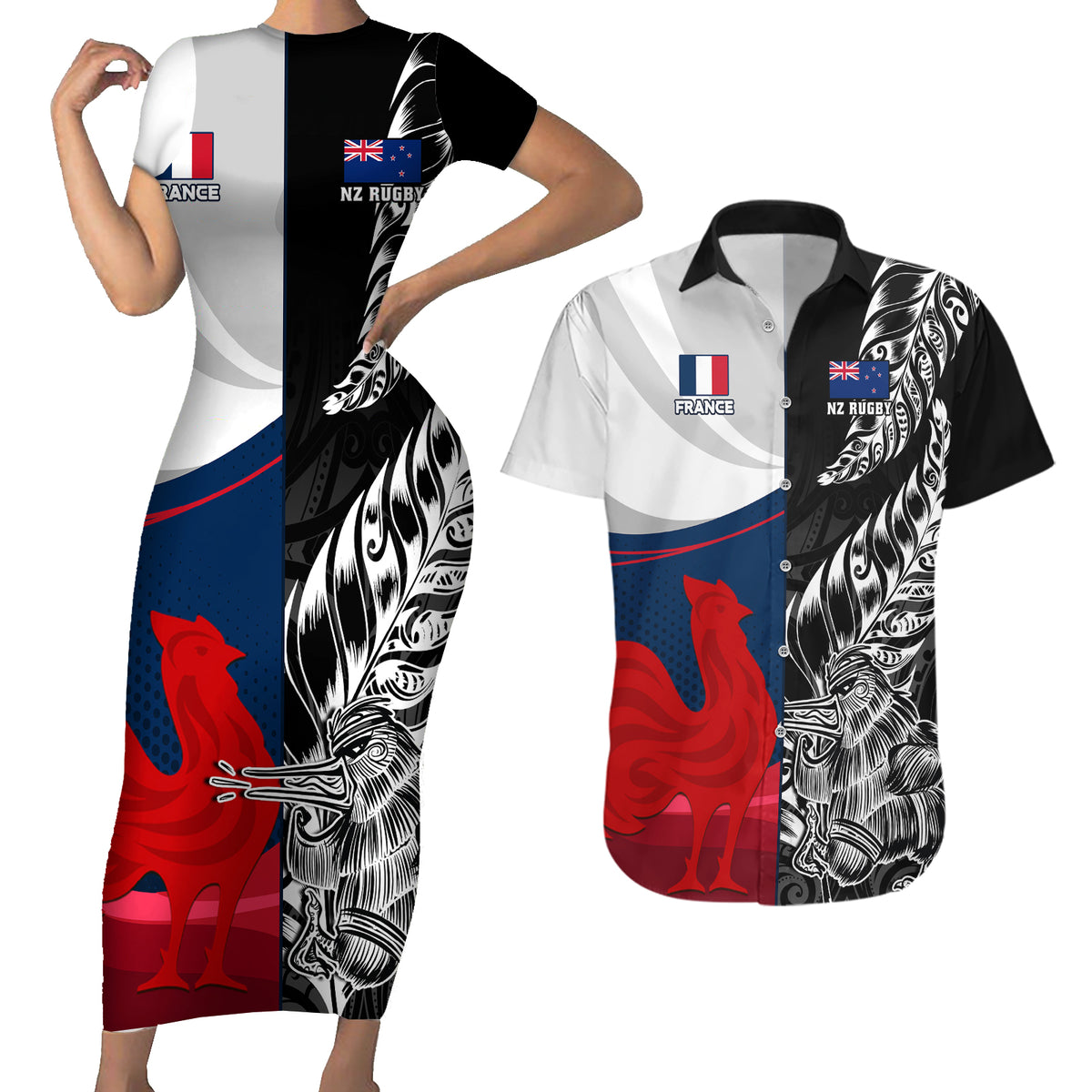 Custom New Zealand And France Rugby Couples Matching Short Sleeve Bodycon Dress and Hawaiian Shirt XV de France Kiwi Silver Fern 2023 World Cup LT01 Black - Polynesian Pride