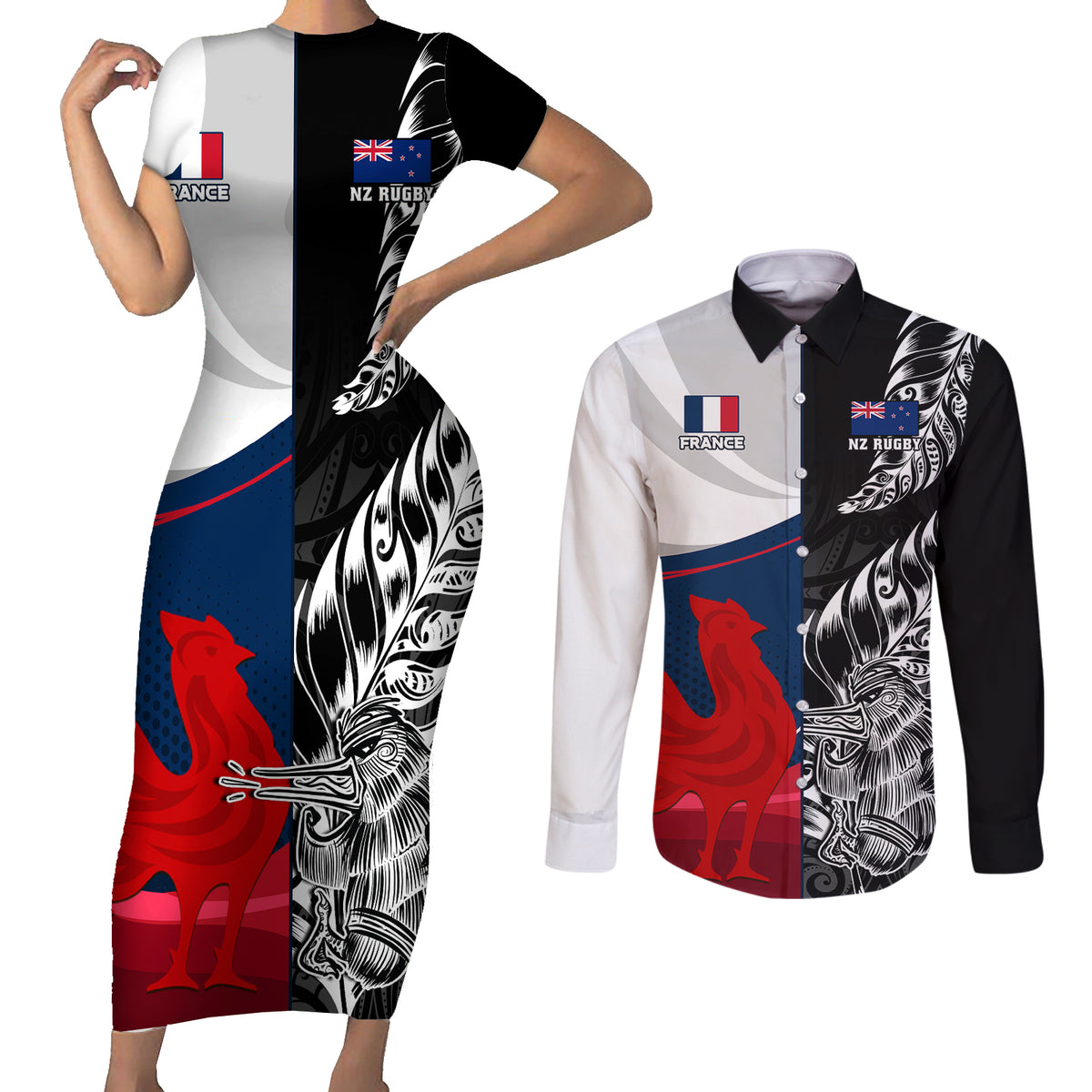 Custom New Zealand And France Rugby Couples Matching Short Sleeve Bodycon Dress and Long Sleeve Button Shirts XV de France Kiwi Silver Fern 2023 World Cup LT01 Black - Polynesian Pride