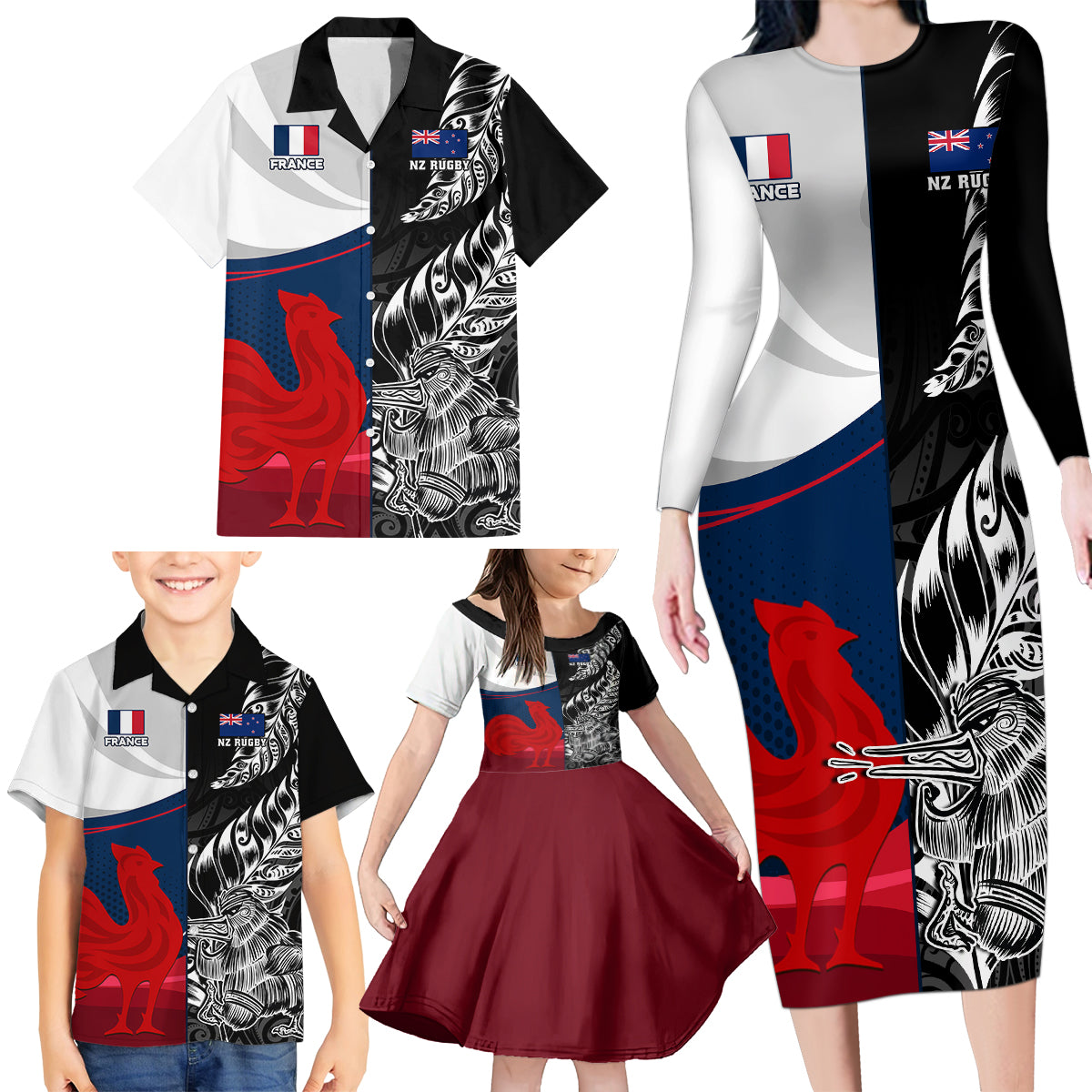 Custom New Zealand And France Rugby Family Matching Long Sleeve Bodycon Dress and Hawaiian Shirt XV de France Kiwi Silver Fern 2023 World Cup LT01 - Polynesian Pride
