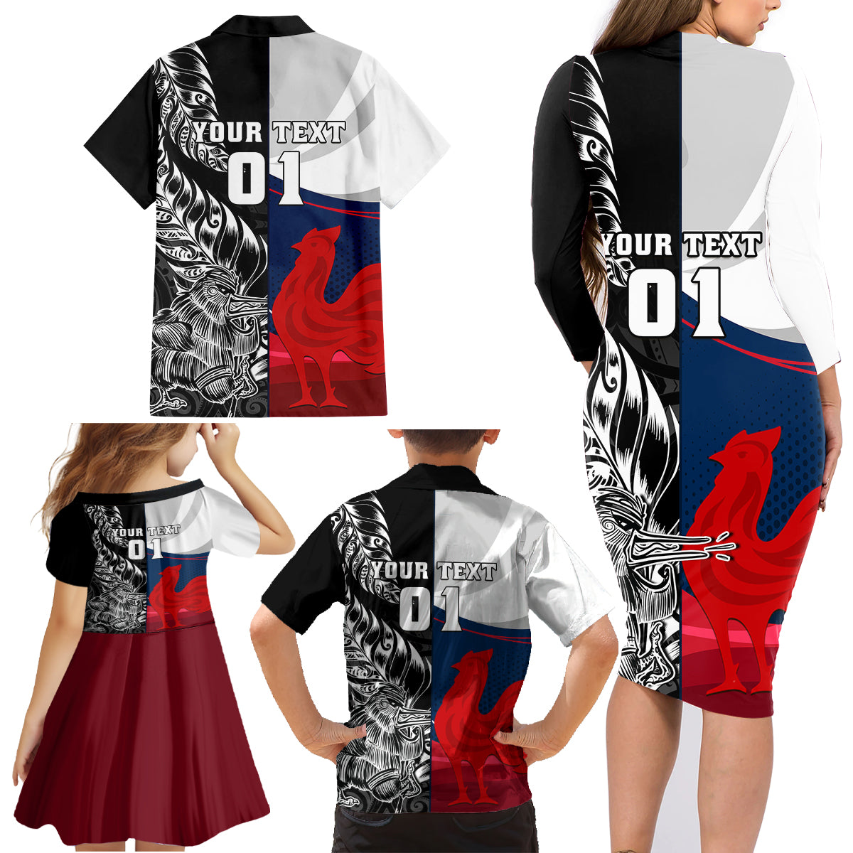 Custom New Zealand And France Rugby Family Matching Long Sleeve Bodycon Dress and Hawaiian Shirt XV de France Kiwi Silver Fern 2023 World Cup LT01 - Polynesian Pride