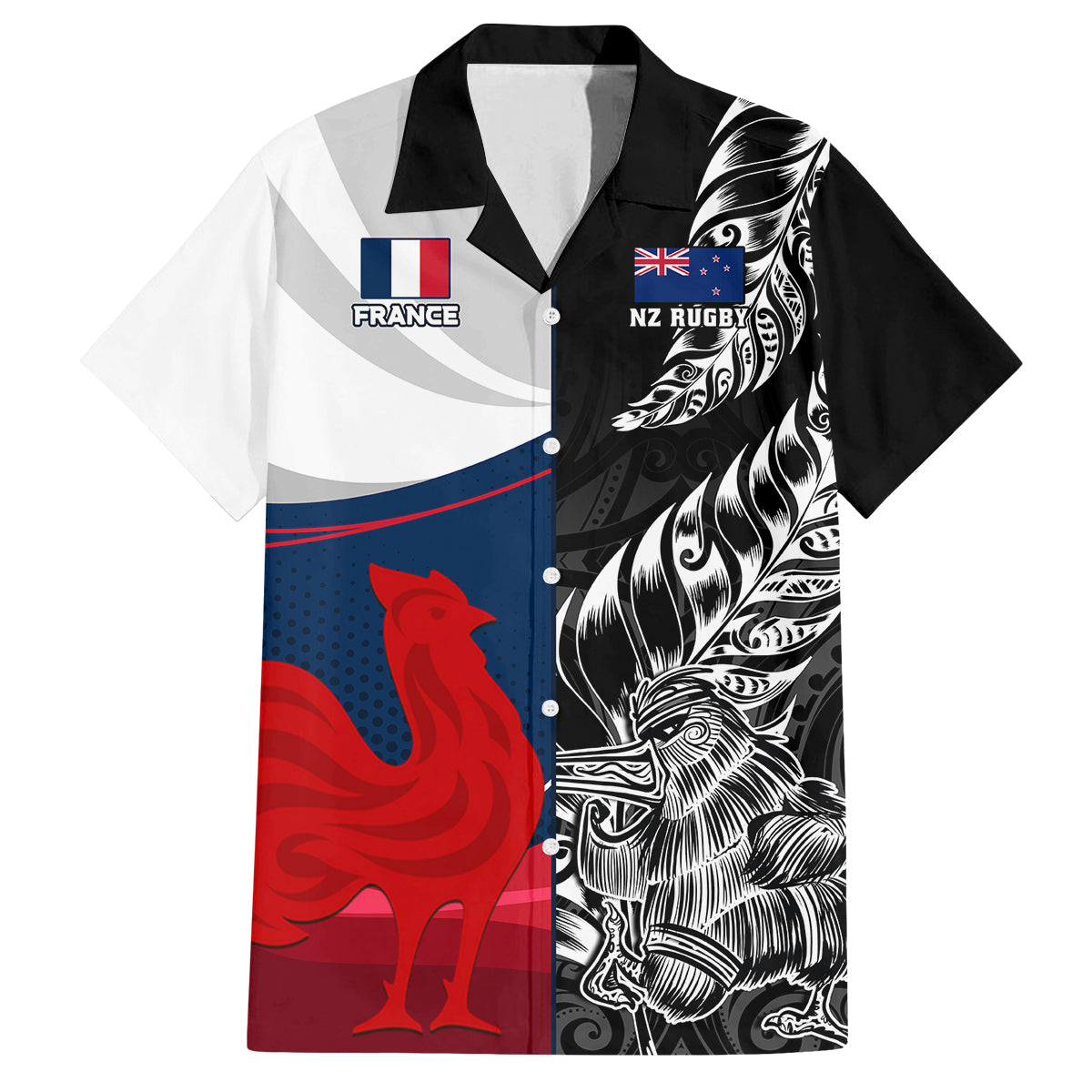 Custom New Zealand And France Rugby Family Matching Long Sleeve Bodycon Dress and Hawaiian Shirt XV de France Kiwi Silver Fern 2023 World Cup LT01 Dad's Shirt - Short Sleeve Black - Polynesian Pride
