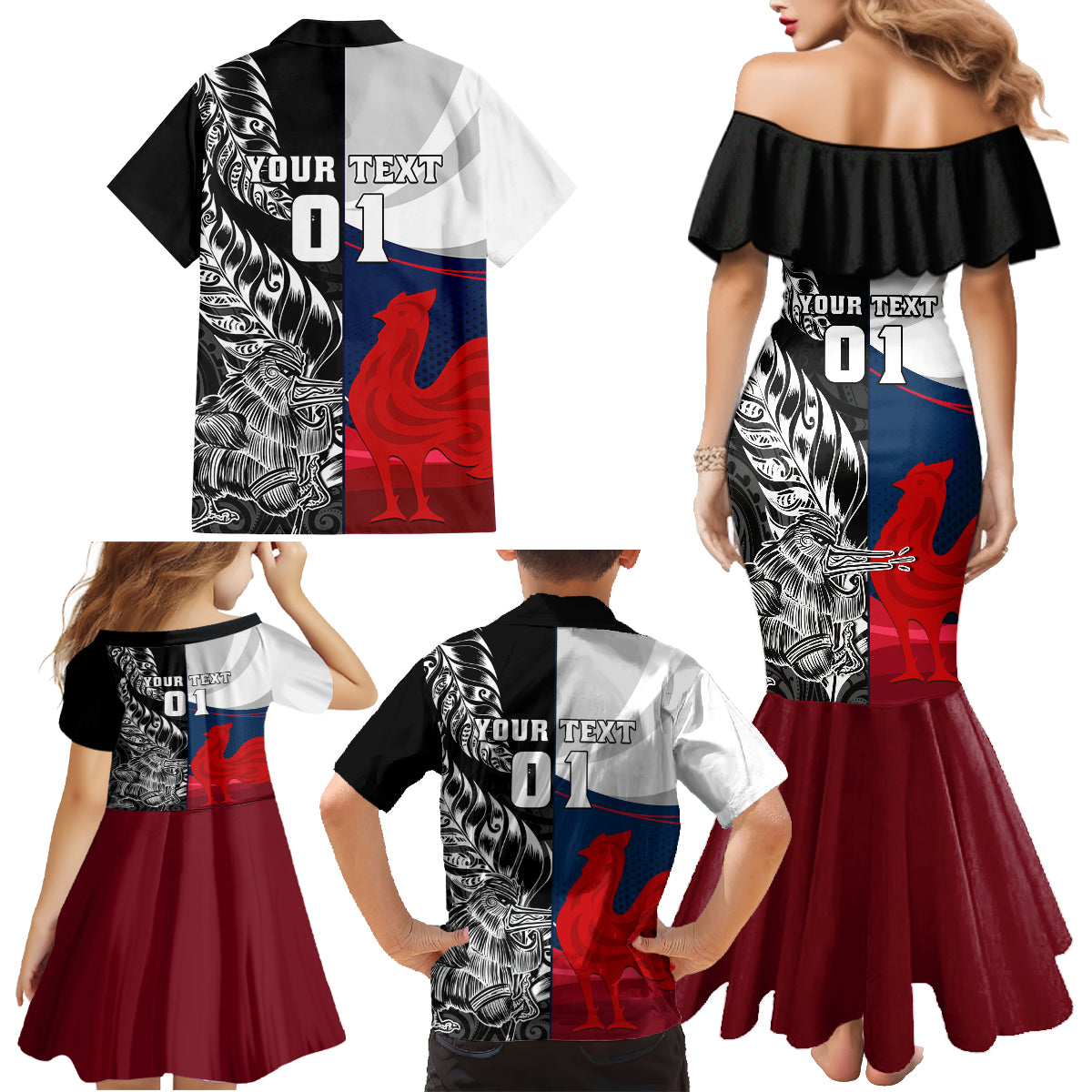 Custom New Zealand And France Rugby Family Matching Mermaid Dress and Hawaiian Shirt XV de France Kiwi Silver Fern 2023 World Cup LT01 - Polynesian Pride