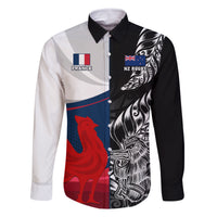 Custom New Zealand And France Rugby Family Matching Mermaid Dress and Hawaiian Shirt XV de France Kiwi Silver Fern 2023 World Cup LT01 Dad's Shirt - Long Sleeve Black - Polynesian Pride