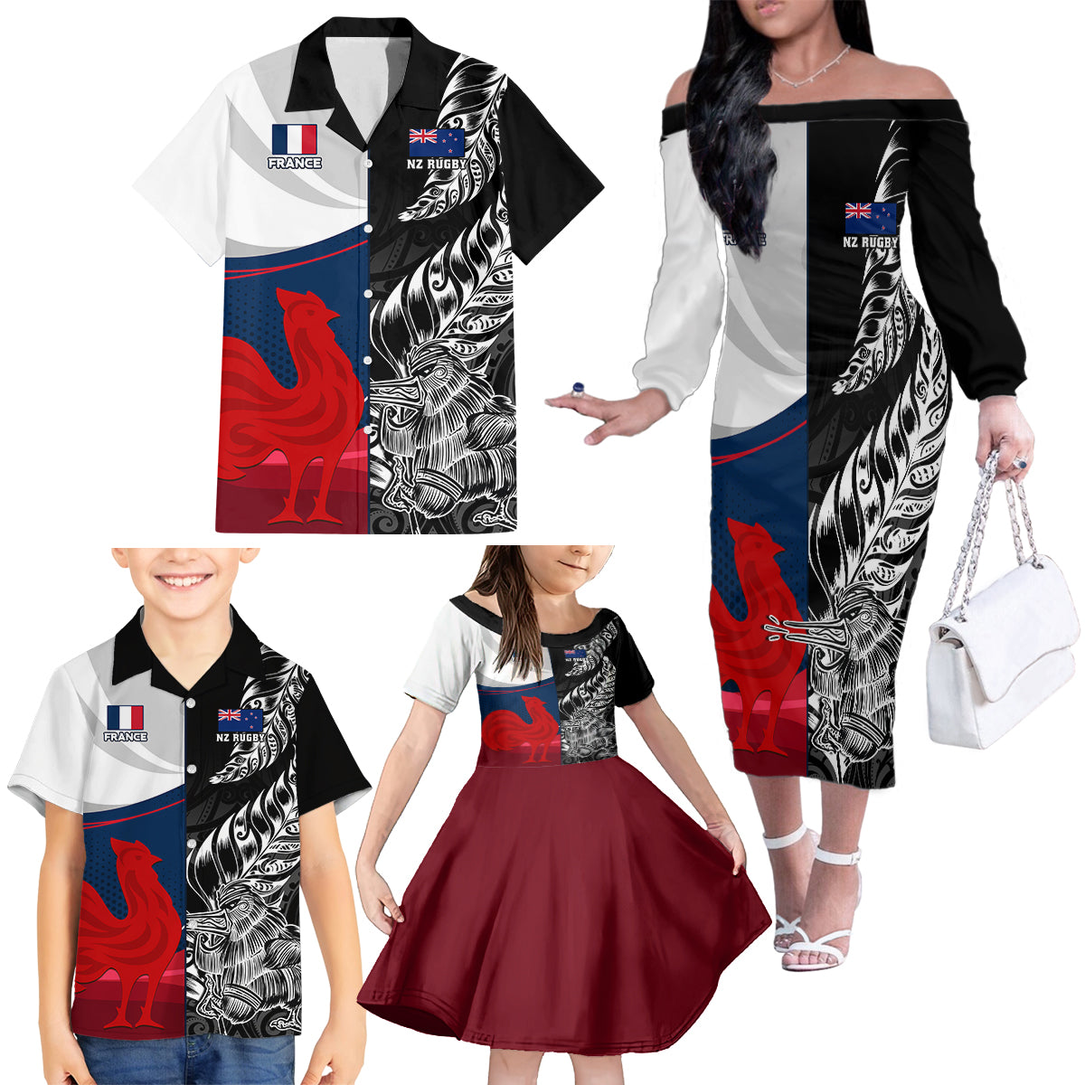 Custom New Zealand And France Rugby Family Matching Off Shoulder Long Sleeve Dress and Hawaiian Shirt XV de France Kiwi Silver Fern 2023 World Cup LT01 - Polynesian Pride