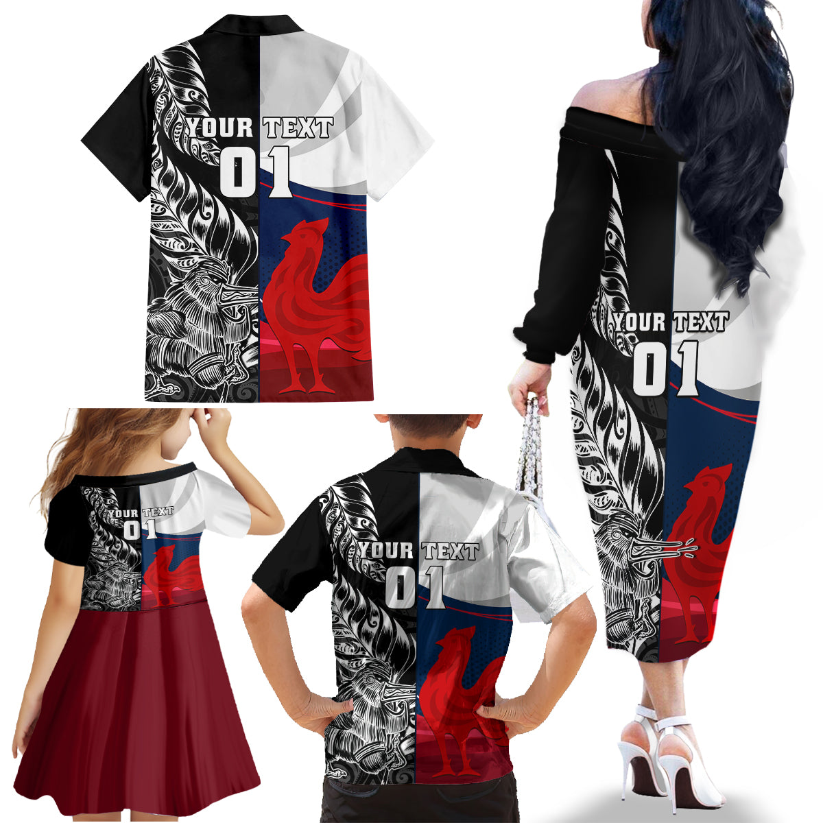 Custom New Zealand And France Rugby Family Matching Off Shoulder Long Sleeve Dress and Hawaiian Shirt XV de France Kiwi Silver Fern 2023 World Cup LT01 - Polynesian Pride